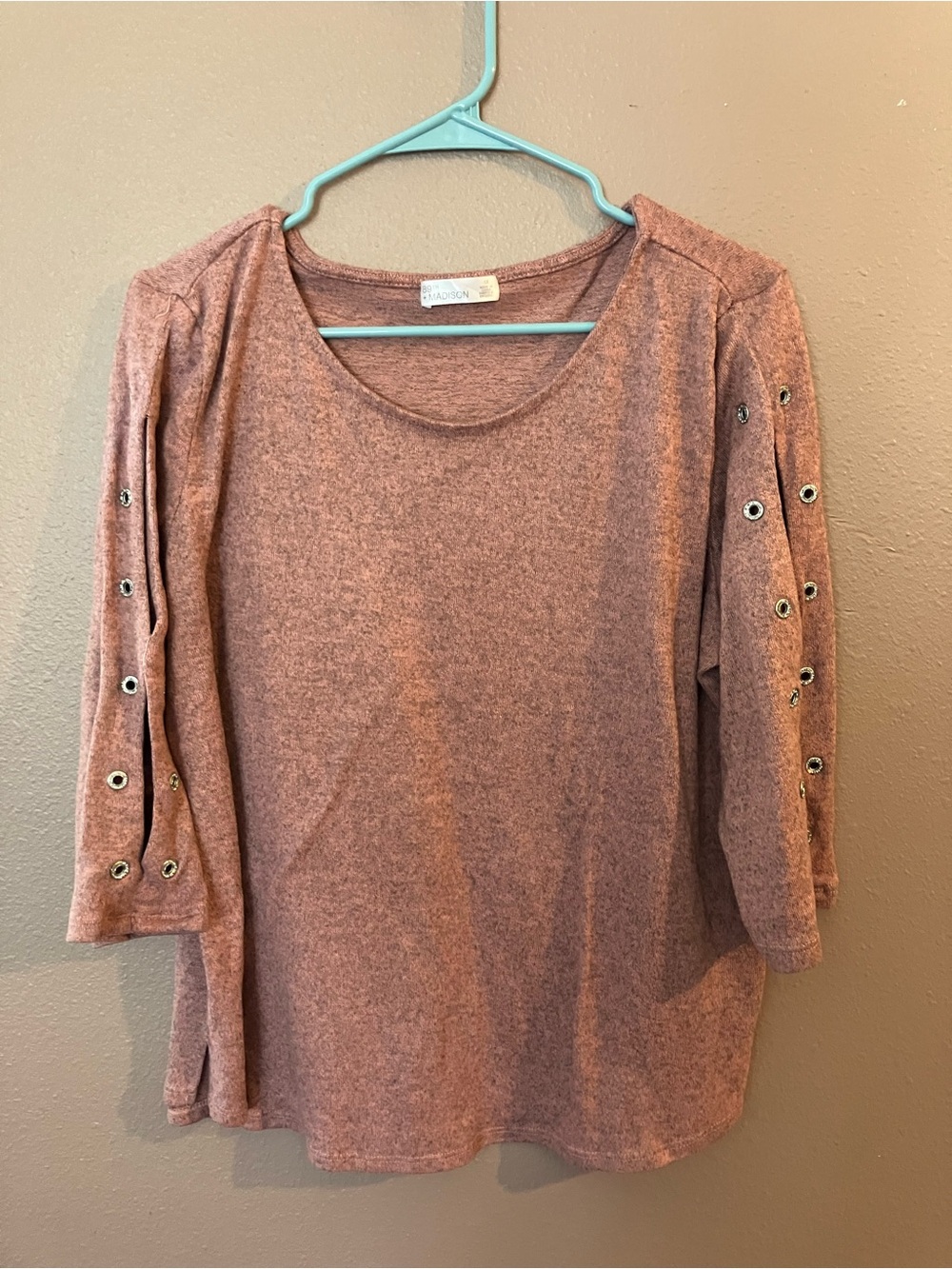 Madison Rose-Brown Eyelet Sleeve Long Sleeve Top
